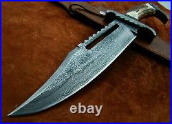 1-of-a Kind Custom Made Damascus Steel Stag Horn Rambo Hunting Bowie With Sheath