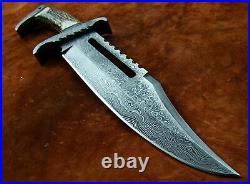 1-of-a Kind Custom Made Damascus Steel Stag Horn Rambo Hunting Bowie With Sheath