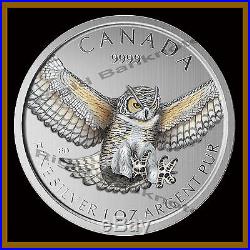 10 x Canada 5 Dollars Silver Coin, 2015 Horned Owl Colorized (with white Spots)