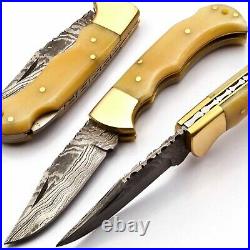 100Pcs Of Lot Handmade Damascus Steel Folding Pocket Knife With Bone Handle