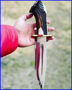 12 Custom Handmade Hunting Bowie Knife Stag Horn Handle With Leather Sheath