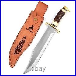 12 Fixed Blade Hunting Knife, Bowie knife with Leather Sheath, 5.5 Deer Handle
