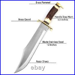 12 Fixed Blade Hunting Knife, Bowie knife with Leather Sheath, 5.5 Deer Handle