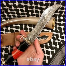 12 InchDamascus Bowie Knife With a Bull Horn & Red Turquoise Handle + Leather