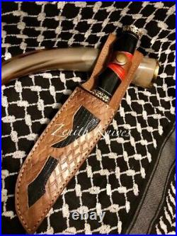 12 InchDamascus Bowie Knife With a Bull Horn & Red Turquoise Handle + Leather