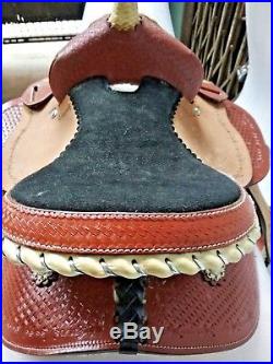 13 Western Saddle Fully Hand Carved Rawhide Knitted Horn with Silver Conchos
