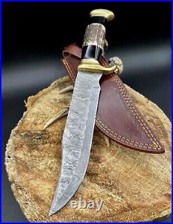 14 Bowie Knife Forged Damascus Hunting Crocodile Dundee Knife Stag & Bull Horn