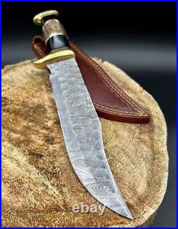 14 Bowie Knife Forged Damascus Hunting Crocodile Dundee Knife Stag & Bull Horn