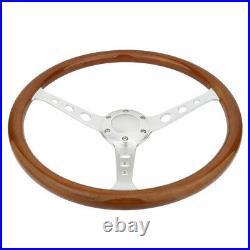 14 inch Classic Mahogany Wood Grain Silver Spoke Steering Wheel With Horn Button
