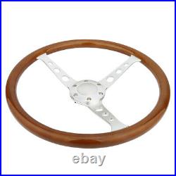 14 inch Classic Mahogany Wood Grain Silver Spoke Steering Wheel With Horn Button