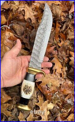 14Damascus Bowie Knife Crocodile Dundee Fixed Blade Stag Knives Hunting Camping