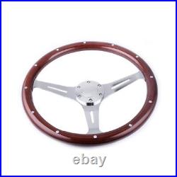 15/380mm Universal Real Wood Riveted Grip Chrome Steering Wheel-6 Hole+Horn