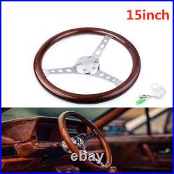 15 38cm Classic Wood Silver Brushed Spoke Steering Wheel with Horn Button