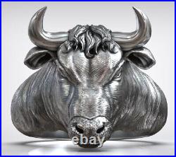 16g 3D Taurus Bull Head with Horns Men Full Of Power Ring 925 SOLID STERLING SIL