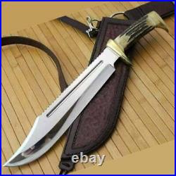 17 Custom Handmade Bowie Knife Stag Horn Handle With leather sheath 0091