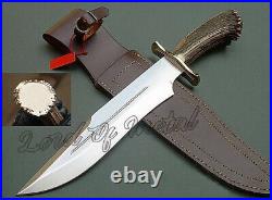 17 Custom Handmade D-2 Tool Steel Stag Horn Hunting Bowie Knife With Sheath