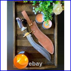 17 inch forged HANDMADE HUNTING BOWIE KNIFE STAG HORN HANDLE WITH LEATHER Sheath