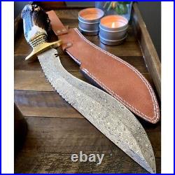 17 inch forged HANDMADE HUNTING BOWIE KNIFE STAG HORN HANDLE WITH LEATHER Sheath