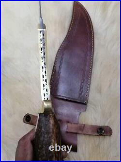 17Handmade Hunting Bowie Knife Hunters With Stag Horn With Leather Sheath