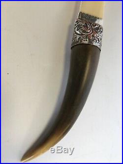 1892 Antique VICTORIAN Letter Opener / Paper Knife SILVER collar with horn-16