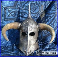 18GA Medieval DARK LORD, Fantasy Helmet With Horns With Leather Liner YZ125