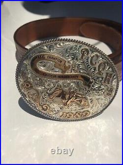 1989 PCQHA Rodeo Award Silver Overlay With Garnet. BROKEN HORN Belt Buckle +belt