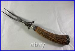 19th Century Carving Fork Sterling Silver & Stag Horn Handle Ornate 12 in