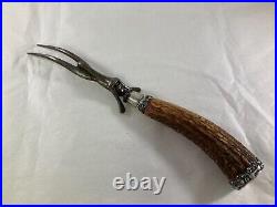19th Century Carving Fork Sterling Silver & Stag Horn Handle Ornate 12 in
