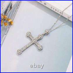 2.90CT Diamond Cross Pendant Necklace 14K White Gold Finish With Free Chain