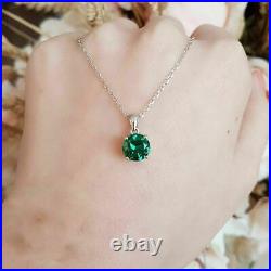2 CTW Solitaire Green Emerald Pendant Necklace With Chain In 14k White Gold Over
