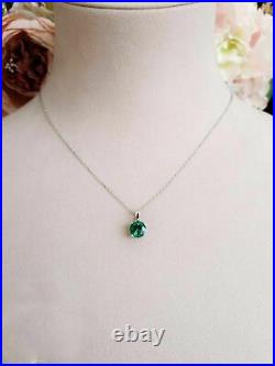2 CTW Solitaire Green Emerald Pendant Necklace With Chain In 14k White Gold Over