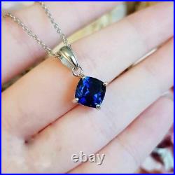 2 Ct Cushion Cut Blue Sapphire Pendant Necklace With Chain 14k White Gold Finish