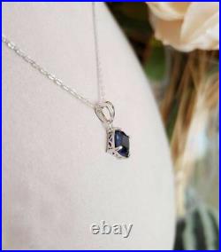 2 Ct Cushion Cut Blue Sapphire Pendant Necklace With Chain 14k White Gold Finish