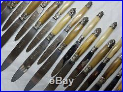 2 x 12 VINTAGE FRENCH HORN & SILVER COLLARS & CAPS KNIVES WITH STAINLESS BLADES