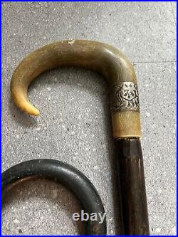 2 x Walking Cane Sticks 1 x Ebony 1 x Horn Handle With Silver Ferrule's