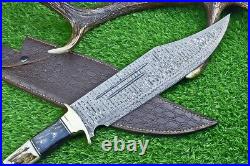 21 Custom Handmade Damascus Steel Hunting Knife Large Bowie Knife Stag Handle