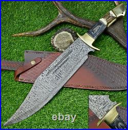 21 Custom Handmade Damascus Steel Hunting Knife Large Bowie Knife Stag Handle-7