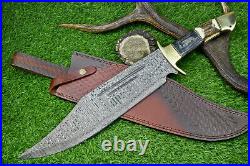 21 Custom Handmade Damascus Steel Hunting Knife Large Bowie Knife Stag Handle-7