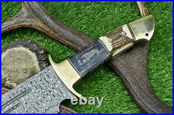 21 Custom Handmade Damascus Steel Hunting Knife Large Bowie Knife Stag Handle-7