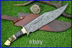 21 Custom Handmade Damascus Steel Hunting Knife Large Bowie Knife Stag Handle-7