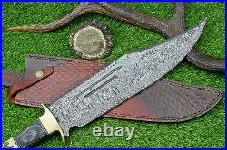 21 Custom Handmade Damascus Steel Hunting Knife Large Bowie Knife Stag Handle-7