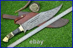 21 Custom Handmade Damascus Steel Hunting Knife Large Bowie Knife Stag Handle-7