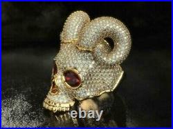 3.00CT Round Cut Real Moissanite Skull With Horns Ring 14K Yellow Gold Plated