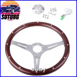 380mm 15 Inch 6 Hole Chrome Dark Steering Wheel Real Wood Riveted Grip + Horn