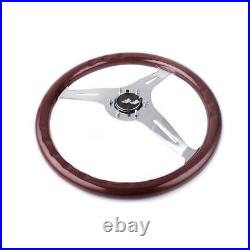 380mm 15 Inch 6 Hole Chrome Dark Steering Wheel Real Wood Riveted Grip + Horn