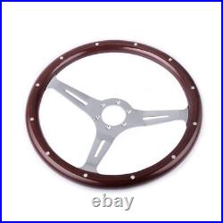 380mm 15 Inch 6 Hole Chrome Dark Steering Wheel Real Wood Riveted Grip + Horn