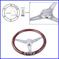 380mm 15 Inch 6 Hole Chrome Dark Steering Wheel Real Wood Riveted Grip + Horn