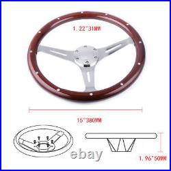 380mm 15 Inch 6 Hole Chrome Dark Steering Wheel Real Wood Riveted Grip + Horn