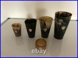 4 Scottish Cow Horn Beakers With Sterling Silver Shields & Similar Napkin Ring