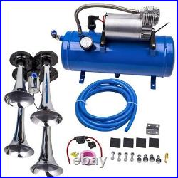 4 Trumpet Air Horn 12V Compressor Kit Blue Tank Gauge 3M Air Hose 150db